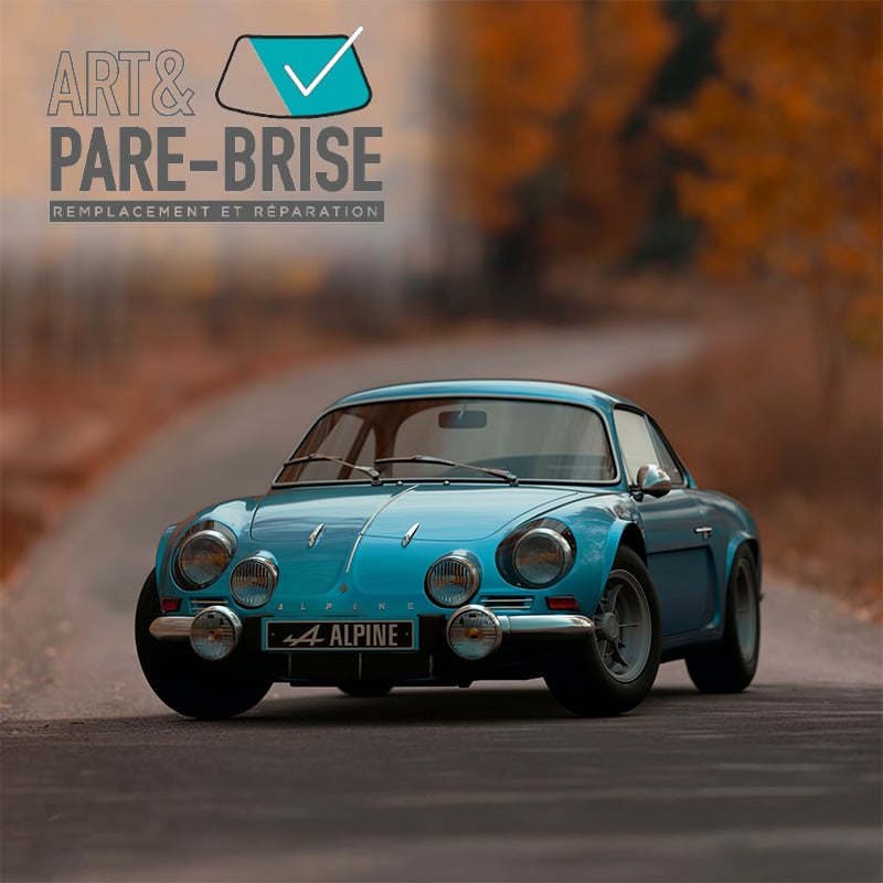 Voiture bleu et logo Art et pare-brise